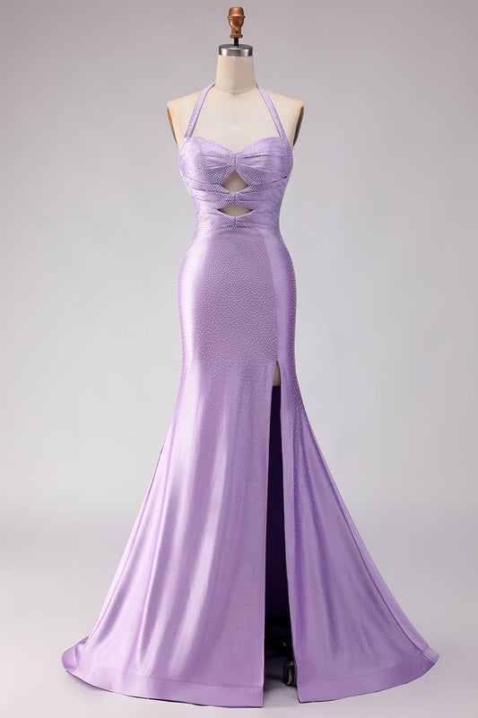 Robe de bal longue queue de sirène lilas avec perles, col licou et découpes