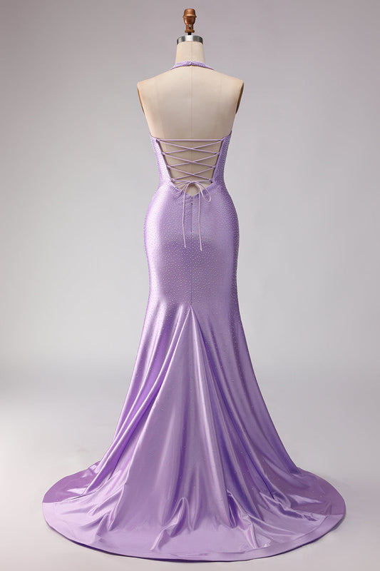 Robe de bal longue queue de sirène lilas avec perles, col licou et découpes