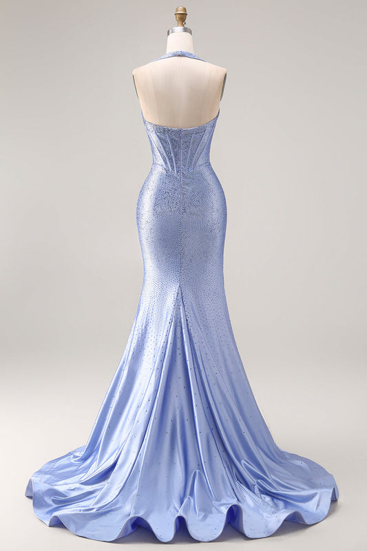 Vestido de noche largo con corsé halter y abalorios de sirena azul claro con abertura