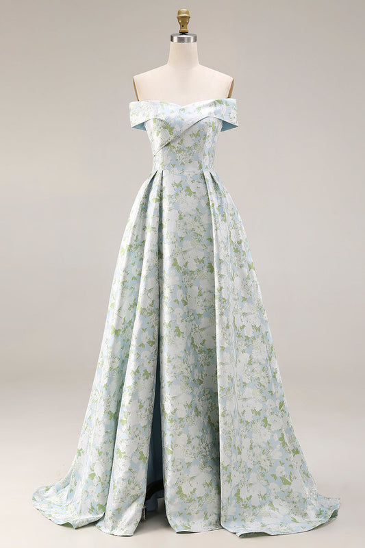 Off-The-Shoulder Blue White Flower A-Line Printed Satin Long Prom Dress with Slit