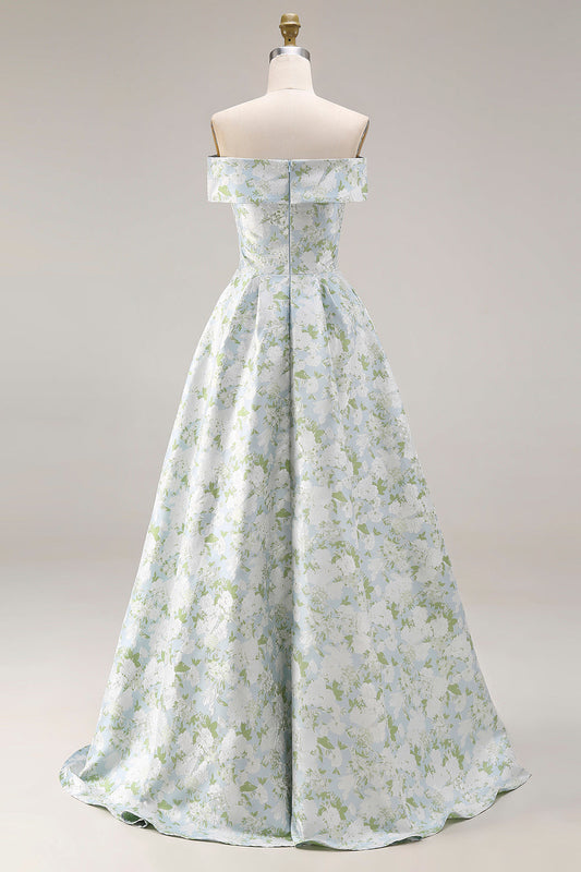 Off-The-Shoulder Blue White Flower A-Line Printed Satin Long Prom Dress with Slit