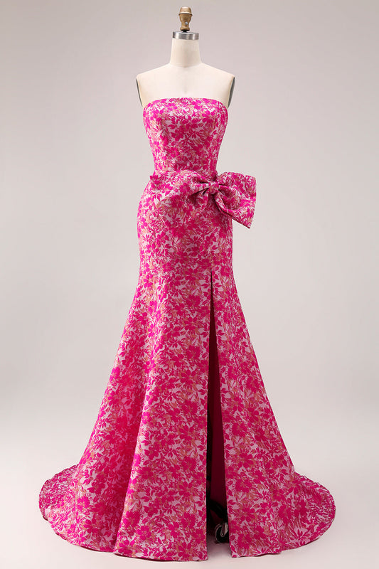 Robe de bal longue sirène fuchsia florale sans bretelles, fendue sur le côté, avec nœud