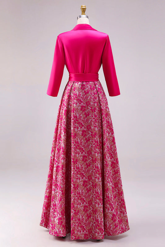 Fuchsia Floral A-Line Satin Long Mother of the Bride Dress with Bowknot
