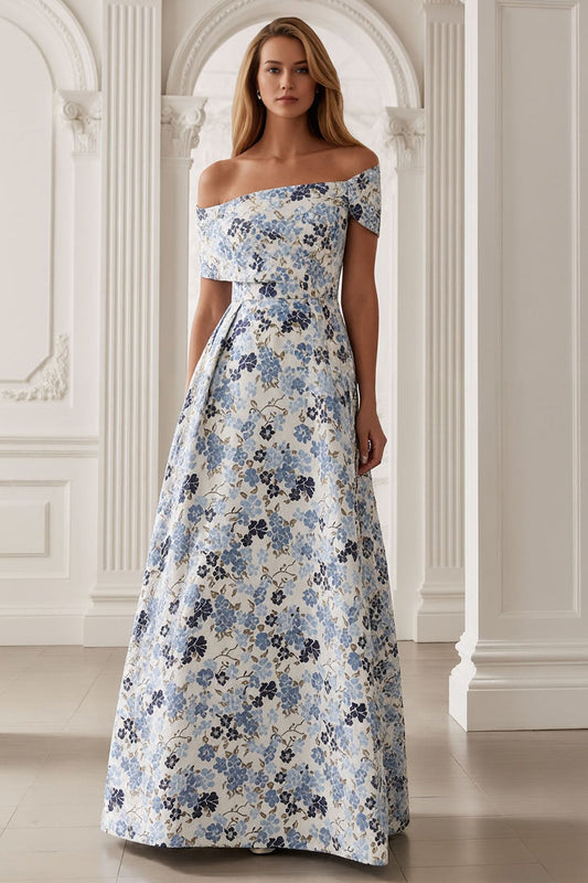 Robe longue de mère de la mariée, coupe trapèze, épaules dénudées, motif floral bleu