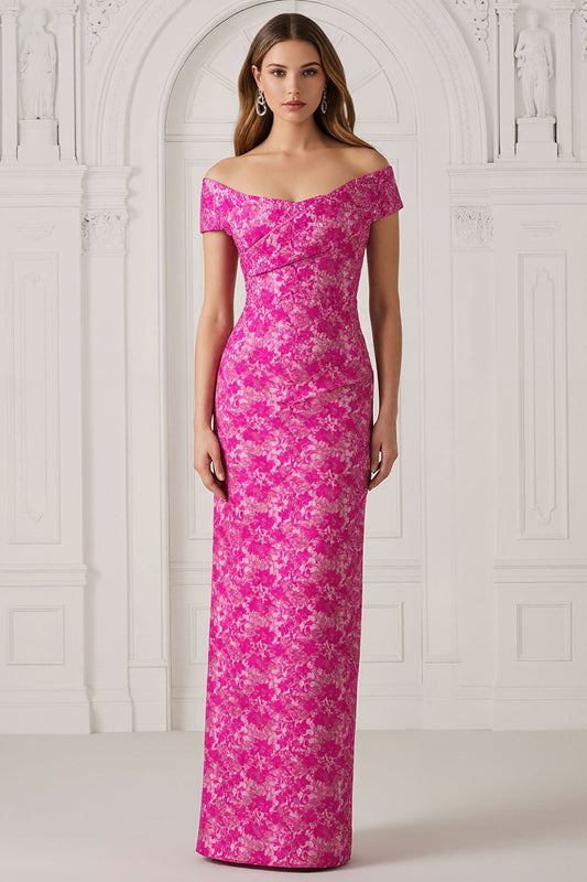 Fuchsia Off-the-Shoulder Floral Sheath Long Mother of the Bride Dress