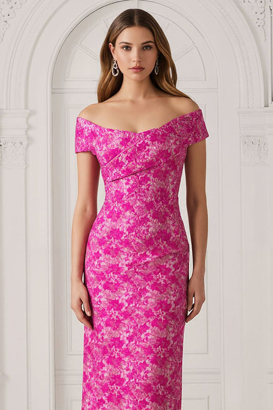 Fuchsia Off-the-Shoulder Floral Sheath Long Mother of the Bride Dress