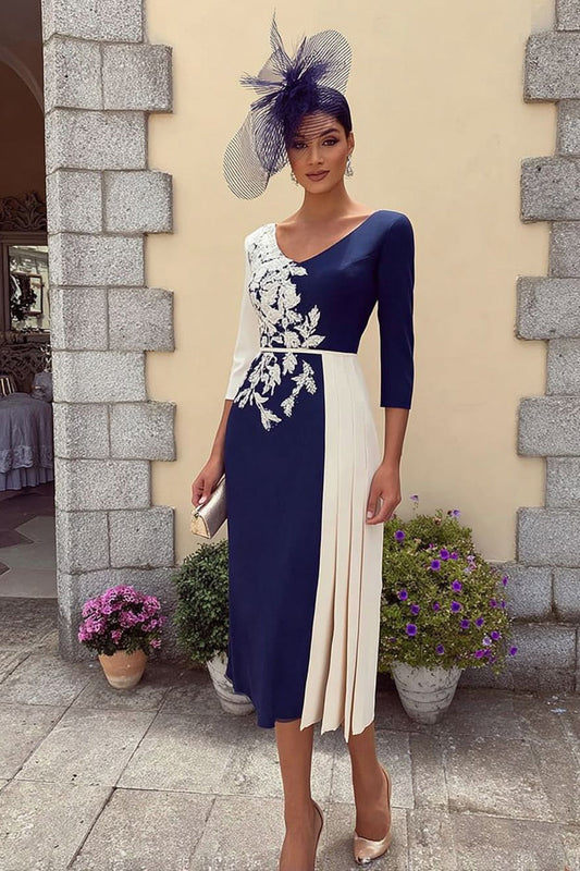 Robe de mariée pour la mère de la mariée, bleu marine, ligne A, décolleté en V, mi-longue, appliquée