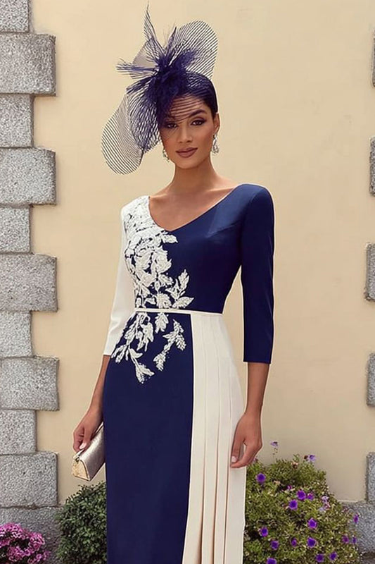 Robe de mariée pour la mère de la mariée, bleu marine, ligne A, décolleté en V, mi-longue, appliquée