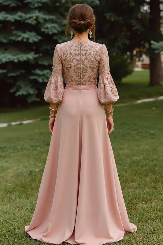 Dusty Rose A-Line Lace Long Mother of the Bride Dress with 3/4 Sleeves