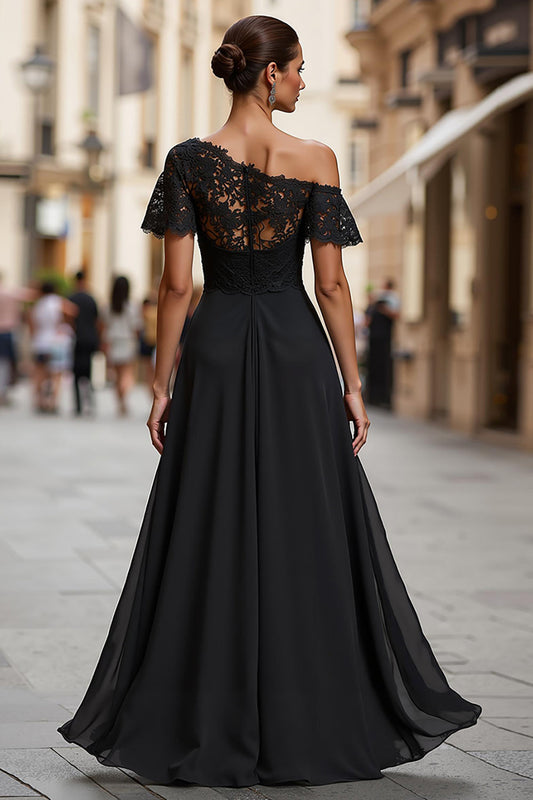 Black One Shoulder Ruched Long Mother of the Bride Dress with Lace