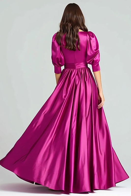 Fuchsia Satin Half Sleeves A Line Long Formal Dress