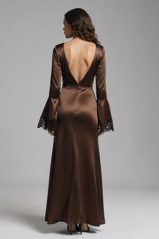 Coffee Satin V-Neck Long Sheath Formal Dress with Slit