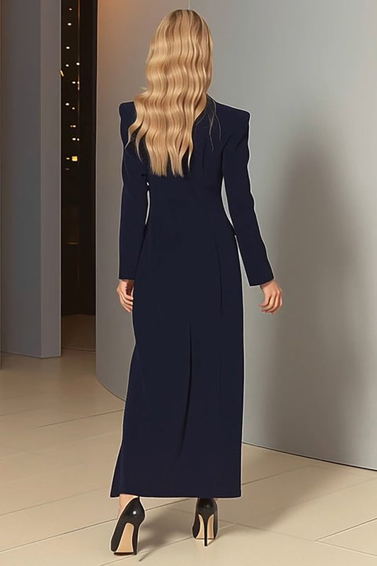 Robe-blazer fourreau bleu marine à revers crantés et manches longues