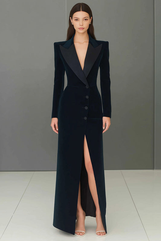 Robe blazer bleu marine à revers crantés, simple boutonnage et fente