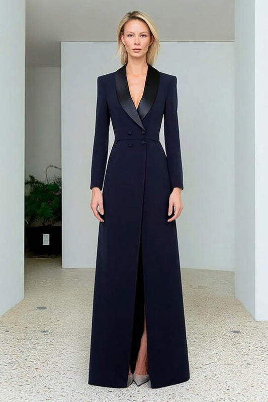 Robe Blazer Évasée Bleu Marine à Col Châle et Fente