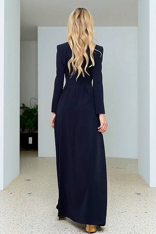 Robe Blazer Évasée Bleu Marine à Col Châle et Fente