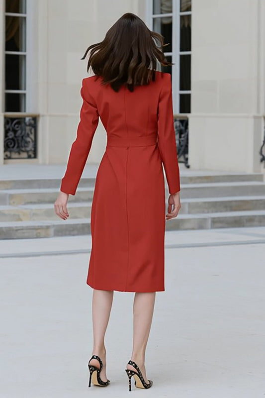 Red Sheath Peak Lapel Midi Work Dress with Slit