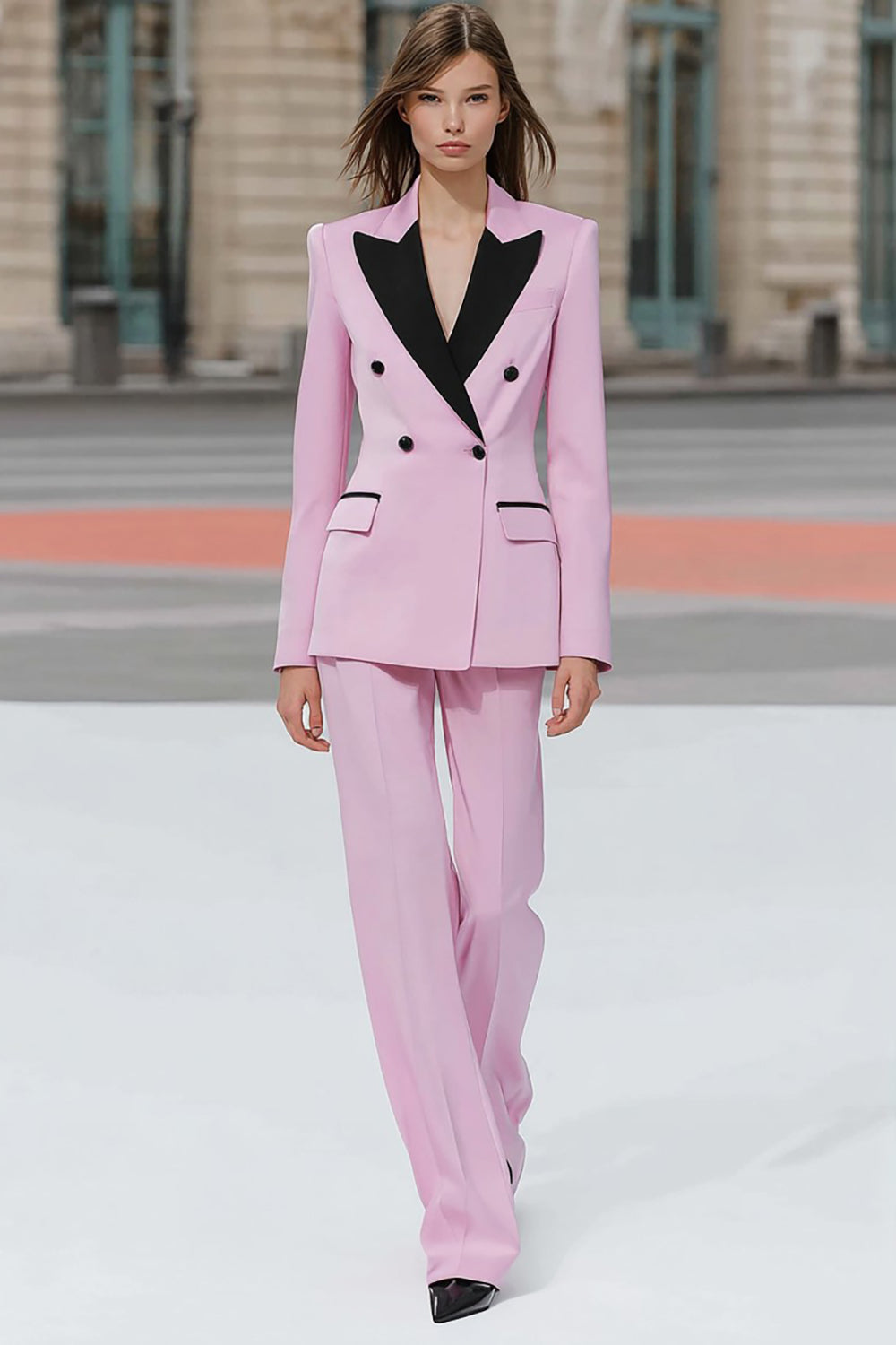 Costume deux-pièces rose pour femme, à revers en pointe et croisé