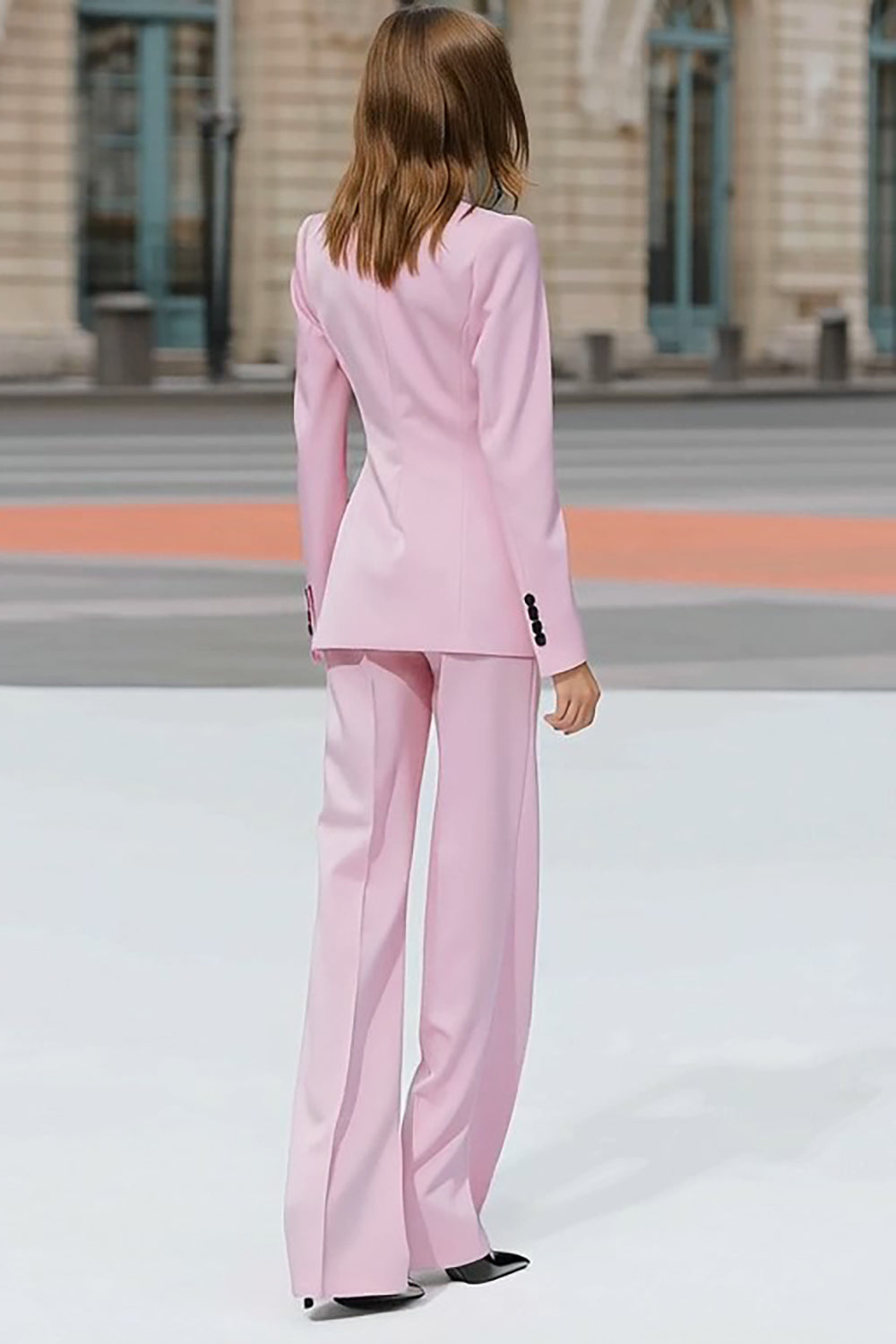 Costume deux-pièces rose pour femme, à revers en pointe et croisé