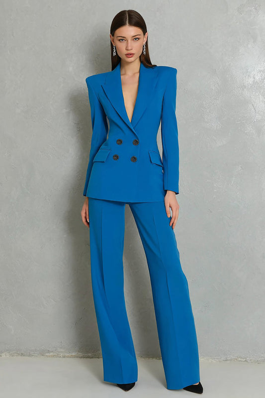 Blue 2-piece Double-breasted Peak Lapel Women's Suit