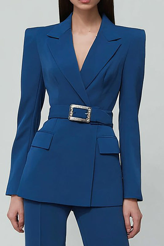 Dark Blue 2 Piece Notched Lapel Women's Business Suits with Belt