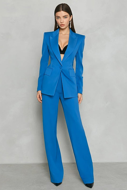 Blue 2-Piece Peak Lapel Slim Fit Women's Work Suits