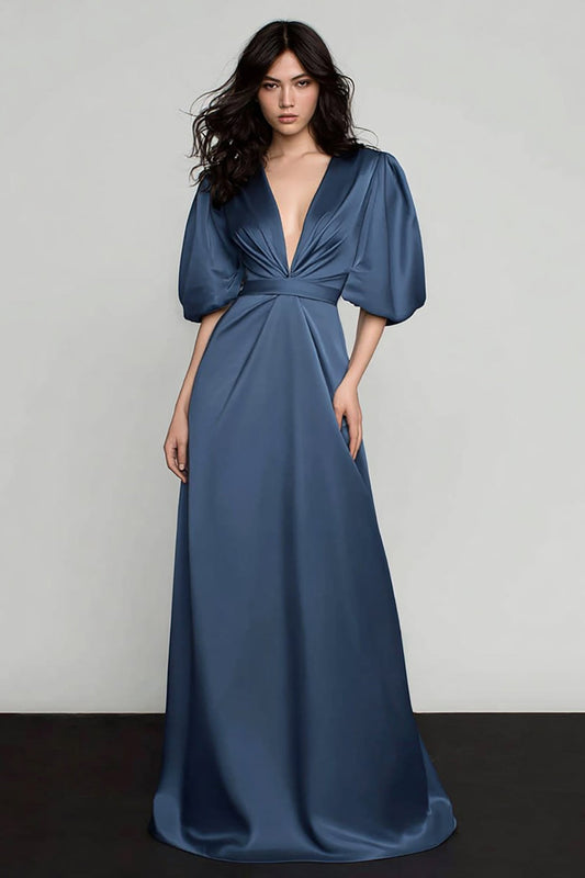 Robe de soirée bleu foncé en satin coupe trapèze avec col en V et manches bouffantes
