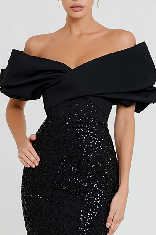 Robe longue de soirée sirène noire à paillettes, coupe Bardot