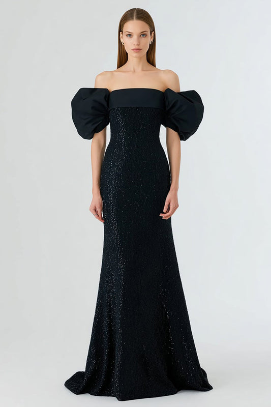 Robe longue de soirée noire à paillettes, coupe sirène, épaules dénudées et manches bouffantes