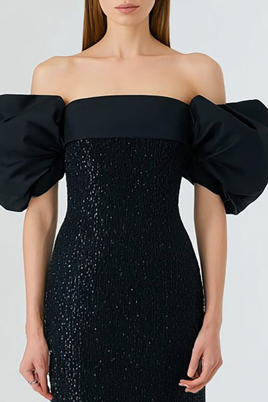 Robe longue de soirée noire à paillettes, coupe sirène, épaules dénudées et manches bouffantes