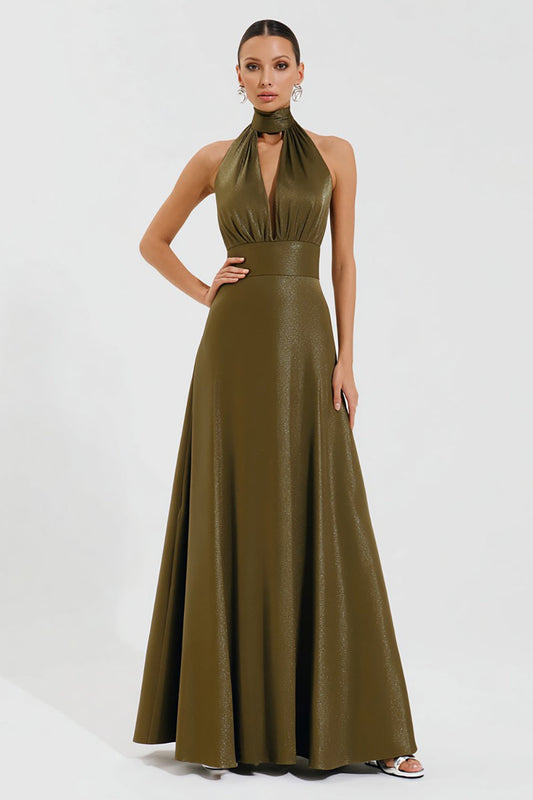 Robe longue de cérémonie olive avec découpes et coupe trapèze