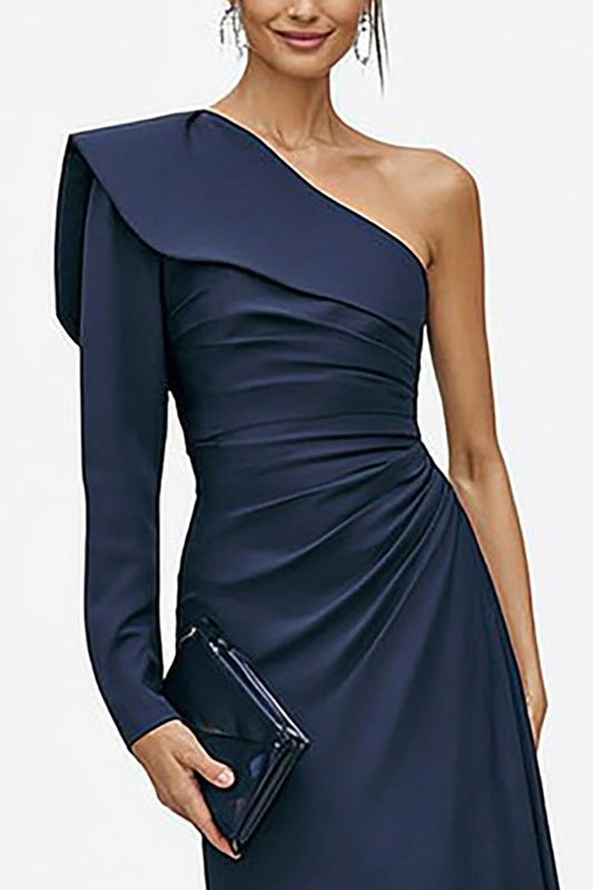 Robe de soirée longue sirène bleu marine à manches longues et une épaule