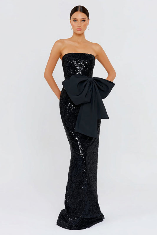 Robe longue de soirée sirène noire sans bretelles avec nœud et sequins