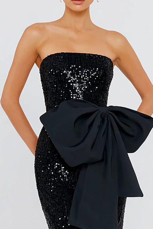 Robe longue de soirée sirène noire sans bretelles avec nœud et sequins