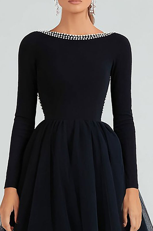 Black A Line Beaded Round Neck Long Sleeve Formal Dress