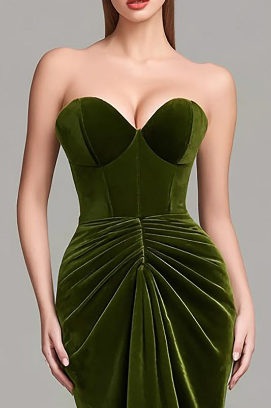 Robe de Soirée Formelle en Velours Froncé Sirène Douce Olive