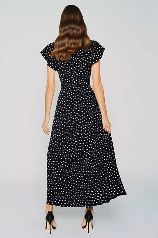 Robe trapèze col rond longue noire à pois blancs
