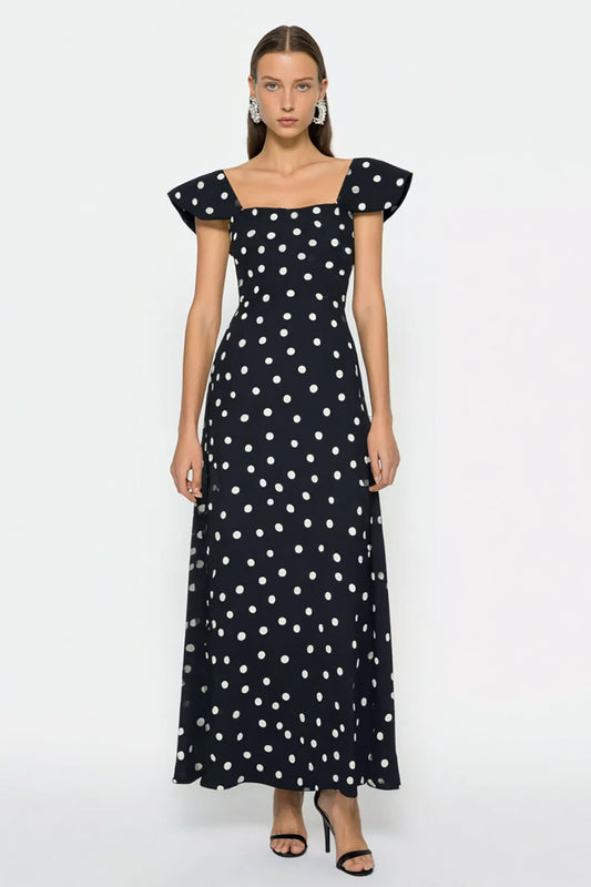 Robe longue évasée à manches volantées à pois noirs et blancs