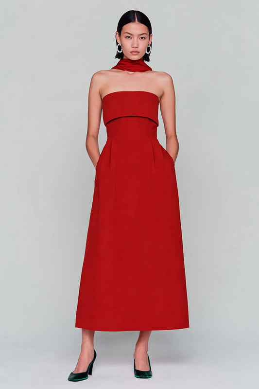 Robe longue fourreau bustier rouge convertible avec traîne streamer