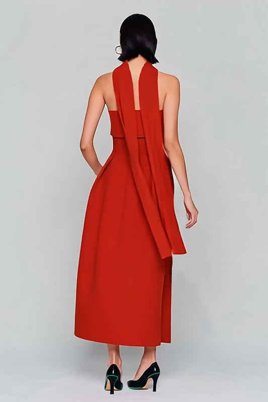 Robe longue fourreau bustier rouge convertible avec traîne streamer