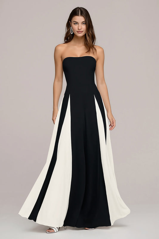 Robe longue bustier évasée élégante noire et blanche