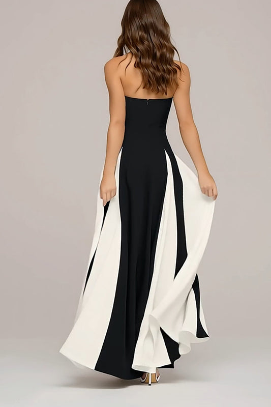 Robe longue bustier évasée élégante noire et blanche