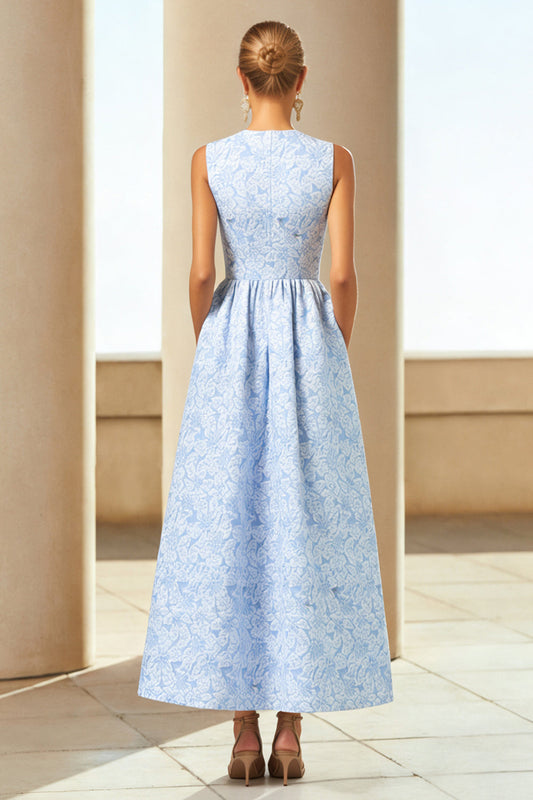 Robe longue évasée bleue en jacquard floral avec poches