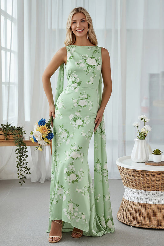 Robe longue convertible à imprimé floral vert sauge sirène avec traîne