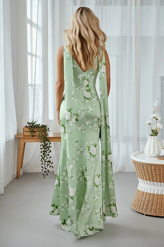 Robe longue convertible à imprimé floral vert sauge sirène avec traîne
