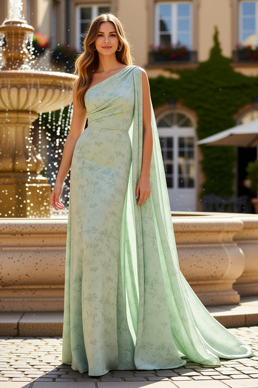 Robe longue fourreau asymétrique verte sauge à fleurs avec cape