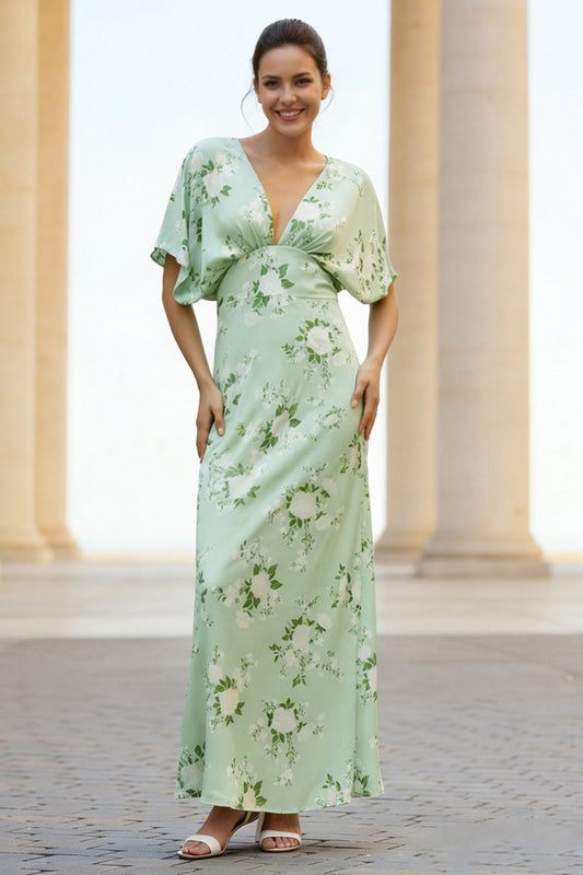 Robe longue florale en V avec manches cape vert sauge