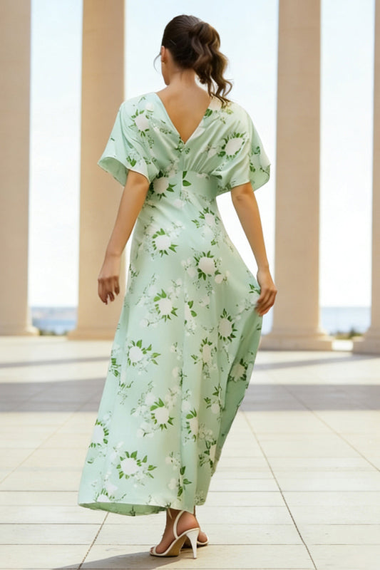 Robe longue florale en V avec manches cape vert sauge