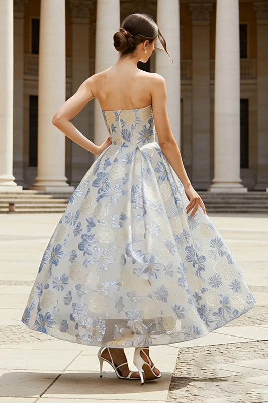 Robe midi bustier en jacquard, ligne A, bleu poudré