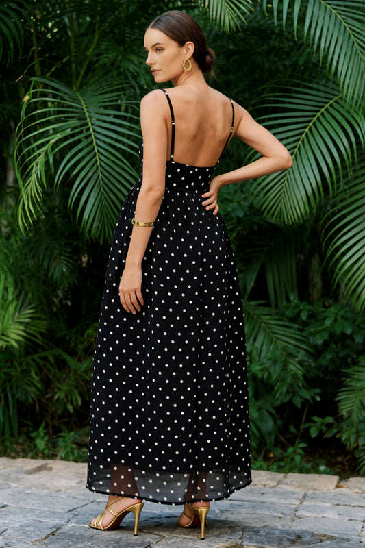 Robe longue simple en ligne A à fines bretelles, noire à pois blancs